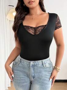 SHEIN MOOSTA Body elegante e casual in maglia di taglia oversize con inserti in pizzo nero