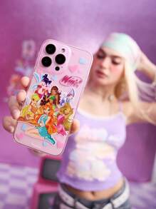 The Winx X SHEIN Custodia telefonica in TPU trasparente e glitter rosa con il motivo delle personaggi magici Bloom, Stella, Flora, Musa, Tecna, Aisha, compatibile con iPhone