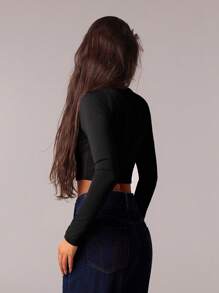 Forever 21 Women's Sweetheart Neck Rhinestone Decor Cropped Long Sleeve Top - Black - View 2