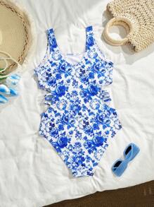 Teen Girls Vintage Floral Print Waist Cut-Out Swimsuit,Fashionable Simple Swimwear - Blue and White - View 2