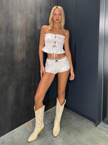 SHEIN EZwear Damski top typu tuba w jednolitym kolorze z wiązaniem z przodu i falbanką - Biały - Zobacz 3