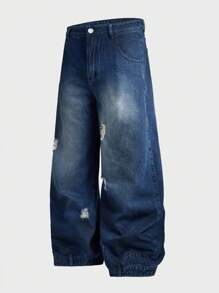 ROMWE MEN Grunge Punk Jeans anchos casuales desgastados lavados para hombre