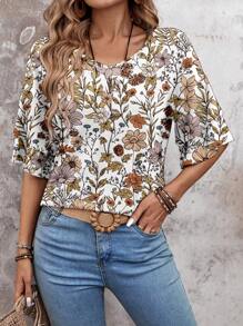 EMERY ROSE Women's Casual Loose Double Layer Ruffle Hem Short Sleeve V-Neck T-Shirt, Suitable For Summer Suitable For Going Out - Multicolor - View 5