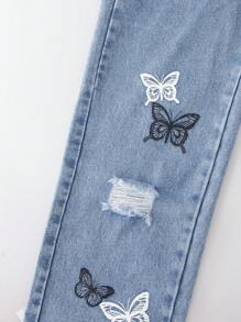 SHEIN ChillGRL 青少年女孩可爱蝴蝶领设计直筒牛仔裤和短袖 T 恤 2 件套