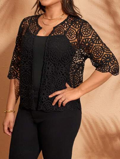 EMERY ROSE 大码优雅钩针针织黑色开衫：透明蕾丝细节，圆领，半袖，常规长度，秋冬女士开襟外套