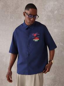 SUMWON 加州海滩度假村图案印花短袖衬衫休闲夏季纽扣领海滩俱乐部度假装宽松版型 - 藍色 - 查看 2