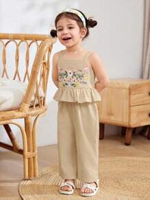 Cozy Pixies Baby Girl Ditsy Floral Camisole Top And Elastic Waist Pants 2 Pieces Set - Khaki - View 4
