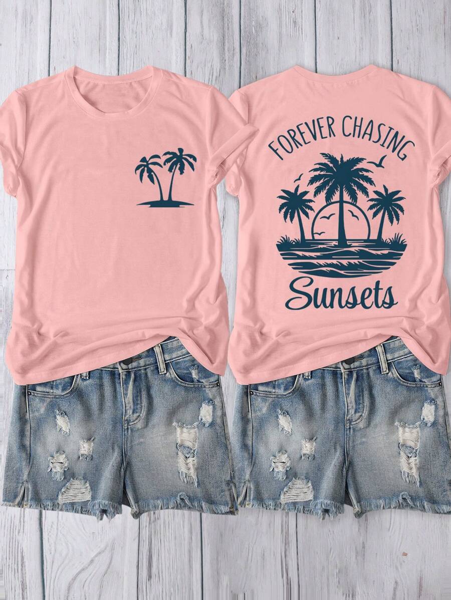 Áo thun cổ tròn tay ngắn họa tiết cây cọ bãi biển Sunsets, phù hợp mặc thường ngày, ngoài trời và ngày lễ, mọi mùa - Hồng - Xem 1