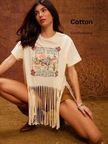 WESTFADE Wild West Cowboys Western Festival Nashville Cowgirl Fringe Relaxed Graphic T-Shirt - Beige - View 1