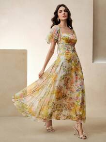 Anewsta 花卉、优雅、复活节、度假、早午餐服装 花卉印花女装连衣裙、大摆裙花卉连衣裙、优雅女士连衣裙、下午茶时间连衣裙 - 黃色 - 查看 6