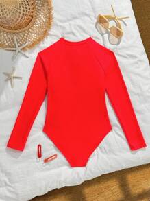 SHEIN 青少年女孩拼色镂空长袖泳衣 - 紅色 - 查看 2