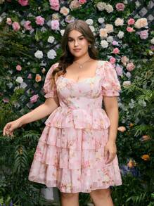 SHEIN MOD Plus Size Romantic Cut Out Floral Print Multi-Layer Ruffle Hem Dress.Womens Summer Dresses - Multicolor - View 7