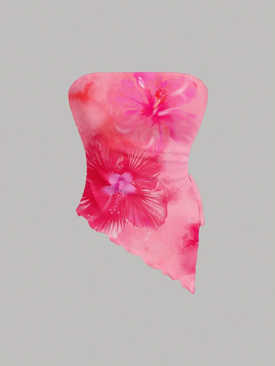 SHEIN MOD 女士休闲碎花不对称下摆抹胸上衣,粉色碎花图案 - 彩色 - 查看 1