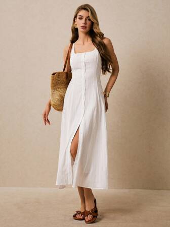 Poéselle 女式简约纯色前扣迷你连衣裙，纹理感，夏季