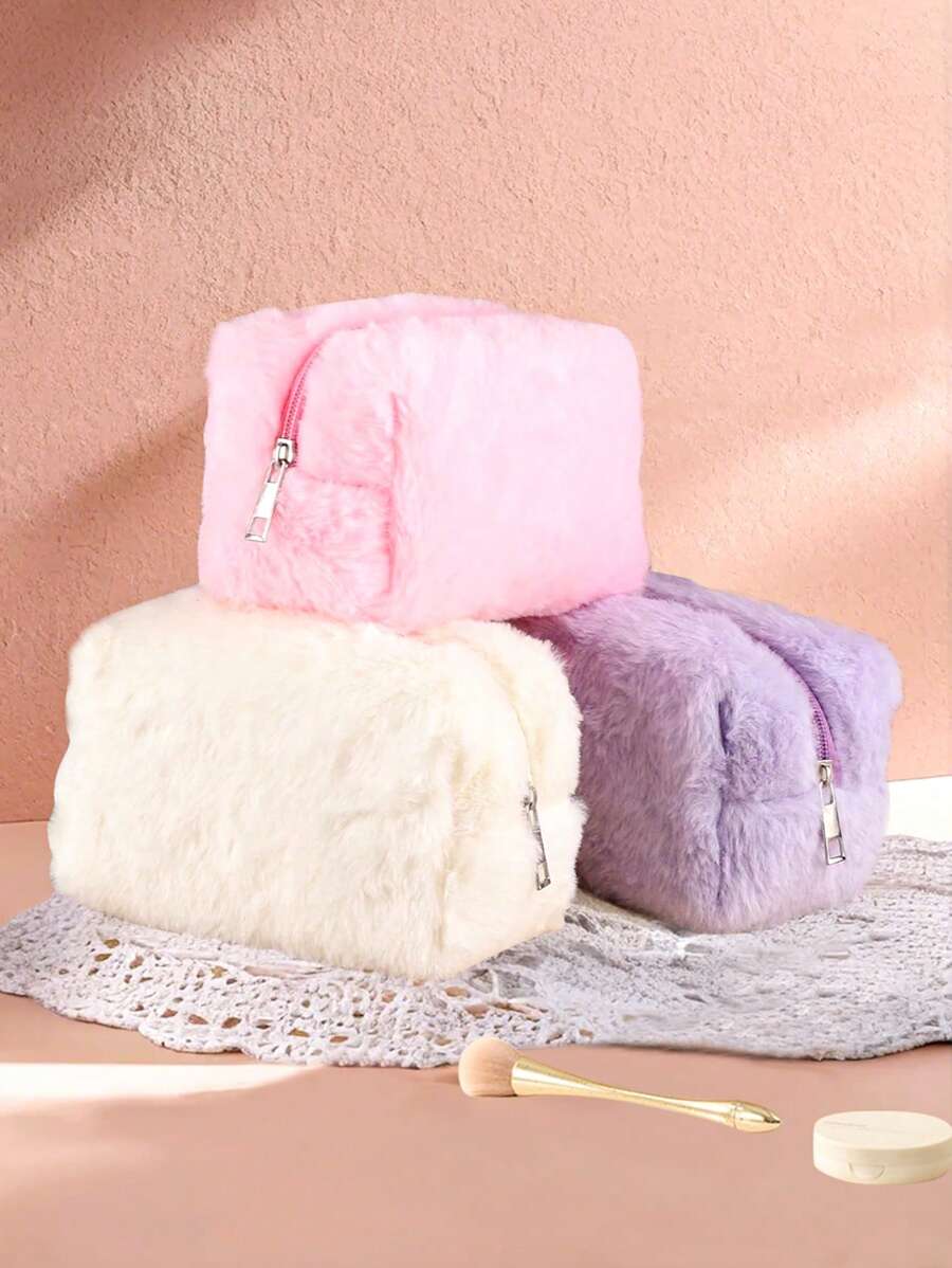 1 件可爱毛绒化妆包、学生铅笔盒、大容量收纳袋、旅行便携式铅笔盒拉链洗漱包女孩女生返校礼物、可爱多功能收纳袋、铅笔盒、化妆包，适用于学校、文具、化妆品、护肤品、画笔、返校、学校用品