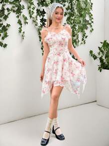 SHEIN 少女优雅休闲花卉印花不对称下摆连衣裙 - 粉色 - 查看 6