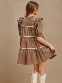 WESTFADE 撞色饰边立领荷叶边袖层叠迷你连衣裙 女式西式服装 - 棕色 - 查看 4