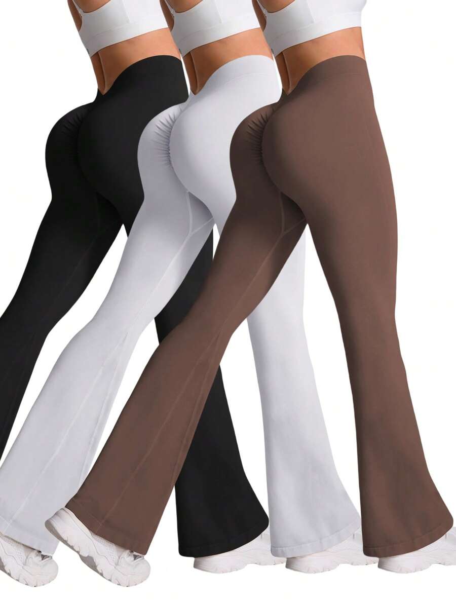 Easithlete 女士纯色褶皱腰休闲健身瑜伽喇叭裤，运动 - 彩色 - 查看 1