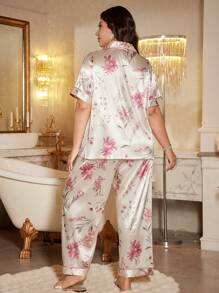 SHEIN Floral Print Faux Silk Open Front Short Sleeve Plus Size Loungewear Set - Multicolor - View 2