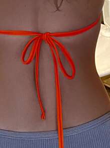 Swim Basics Solid Color Backless Orange Halter Bikini Top For Beach & Vacation For Summer - Orange - View 4
