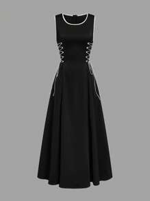 Selianne Women's Elegant White With Black A-Line Waist Accented Sleeveless Long Satin Dress - Black - View 6