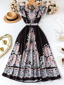 Rometta Court Retro  Plus Size Women's Retro Print V-Neck Ruffle Hem Short Sleeve Dress - Multicolor - View 2