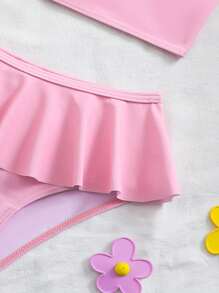 Young Girl Sweet And Cute Mesh Splicing Bikini Set,Ruffled Two-Piece Swimsuit - Pink - View 6