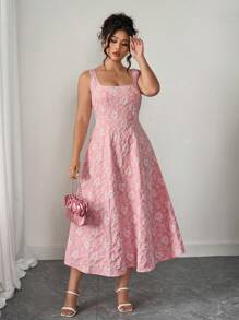 SHEIN LUNE 浪漫长裙，优雅大码女式新款宽肩带做旧纹理花卉编织面料修身中长连衣裙，青春百搭，修身 - 粉色 - 查看 3