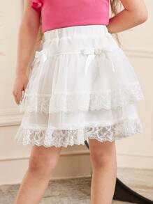 SHEIN 年轻女孩休闲蕾丝拼布多层荷叶边下摆蛋糕裙，白色 - 白色 - 查看 4