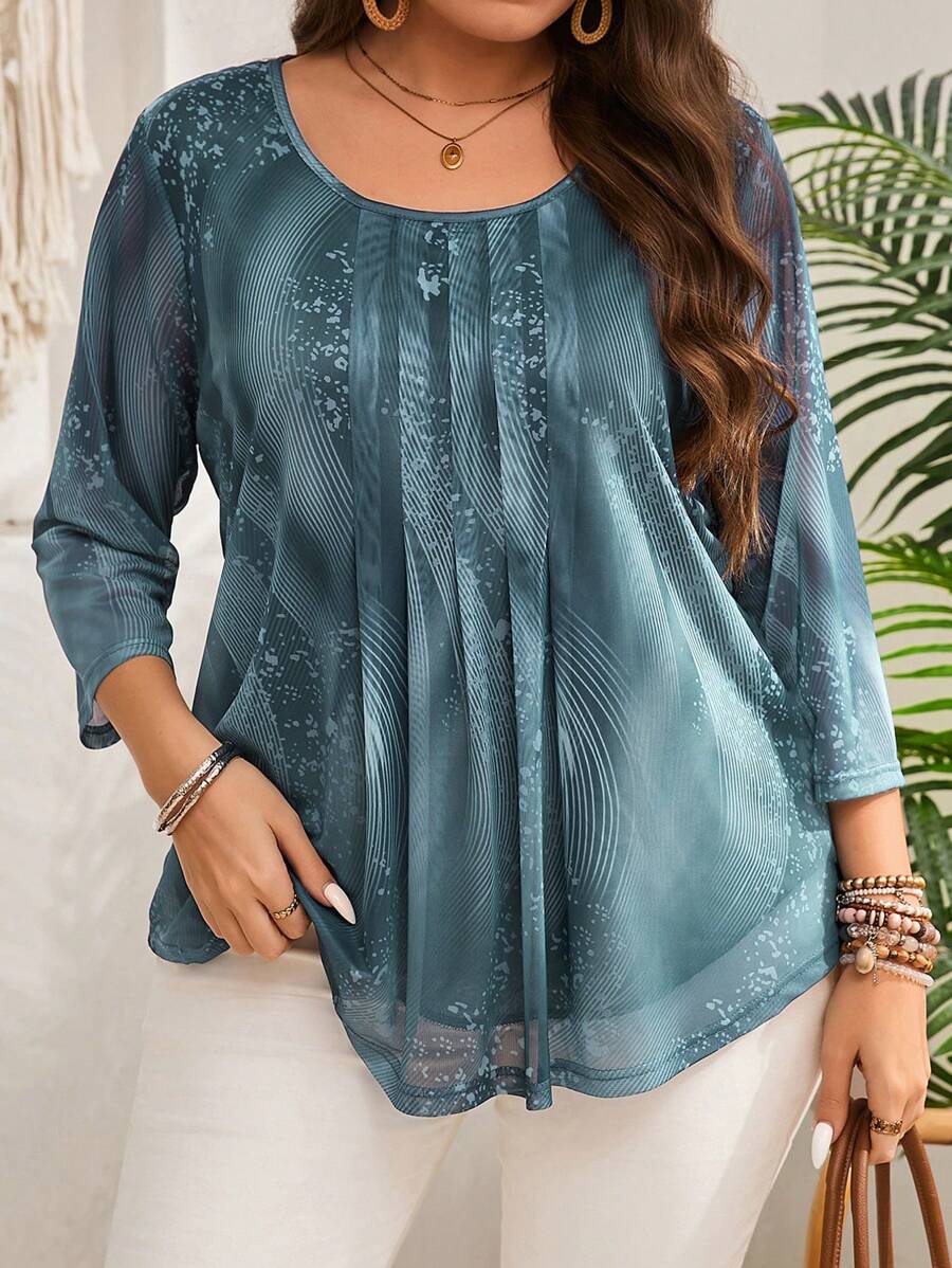 EMERY ROSE Plus Size Women's Early Spring 3/4 Sleeve Blue Floral Print Shirt - Baby Blue - View 1