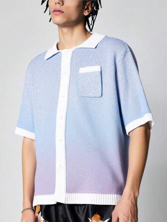 Maglietta uomo a maniche corte monopetto in maglia a gradiente, casual