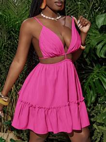 Slaydiva Nuevo vestido mini de mujer con rayas texturadas, cuello en V profundo, sin tirantes, sin cinturón, con espalda descubierta y volantes en el bajo, en naranja, para primavera y verano, de estilo casual y vacacional, dulce y sexy