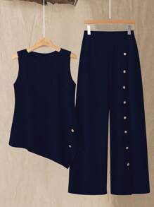 EMERY ROSE Set de 2 piezas para mujer de talla grande con top sin mangas de cuello redondo y bajo asimétrico en unicolor talla grande pantalones