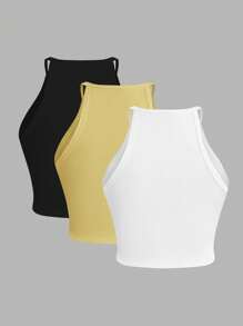 SHEIN Essnce Áo hai dây ngắn nhiều màu sắc, co giãn tốt, thoải mái, đa năng, dành cho nữ cỡ lớn, thời trang xuân hè, 3 chiếc/bộ, kiểu dáng dễ thương, ôm sát đường cong, thích hợp mặc đi chơi, áo croptop, màu vàng bơ, kiểu dáng đơn giản. - Màu vàng - Xem 2