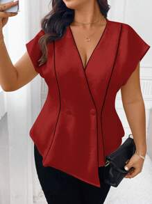 Celure Contrast Color Deep V-Neck Cap Sleeve Commuting Elegant Blazer Graduation,Back To School,Teacher Outfits For Women - Burgundy - View 5