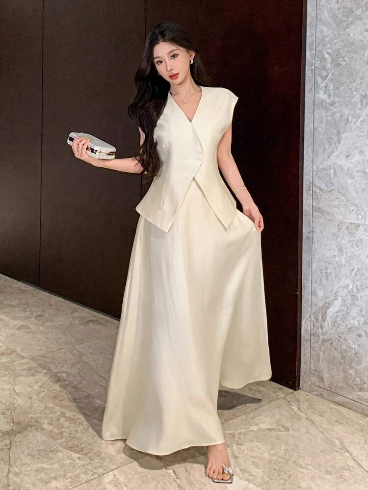 Solid Color V-Neck Camisole & Skirt 2 Pieces Set For Women