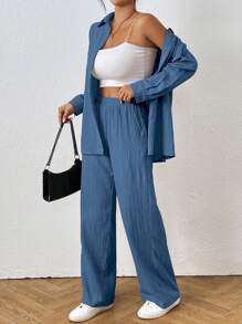 SHEIN PETITE 2件套女士纯色长袖衬衫和裤子套装 - 水鴨藍 - 查看 4