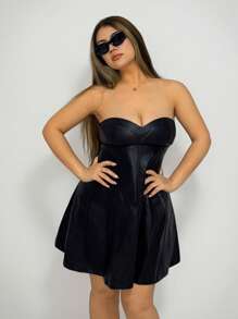 SHEIN ICON Plus Size Strapless A-Line PU Leather Dress - Black - View 1