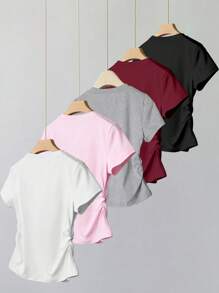 SHEIN Explorewe Set de 5 camisetas de manga corta con cintura ceñida de unicolor para niñas preadolescentes, casuales y versátiles