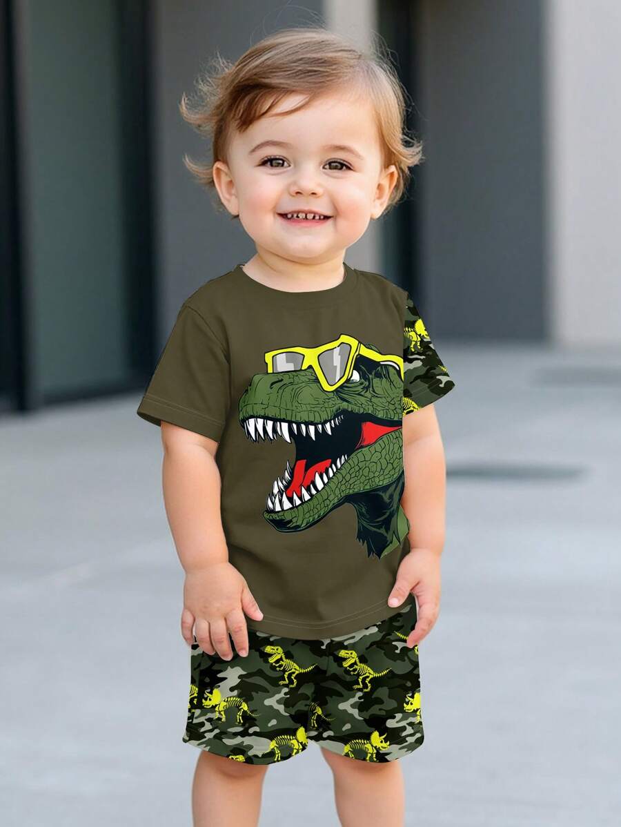 SHEIN 2 pièces/set Tenue décontractée pour bébé garçon, motif minimaliste de dinosaure de dessin animé. Col rond, manches courtes, shorts. Convient pour l'été. - Multicolore - Voir 1