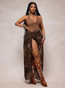 Slaydiva Spring/Summer New Arrival, Music Festival, Easter, Western Style, Nomadic Style, Bohemian, Nashville, Birthday Party, Graduation Season, Student Wear, Daily Casual, Versatile Basic, Leisure, Vacation, Cruise Travel, Beach, Sunbathing, Printed, Backless, Spaghetti Strap, Fitted Solid Bodysuit, Leopard Print Semi-Transparent Chiffon Coffee Color Wrap Skirt, Plus Size Women's Set - A - Brown - View 6