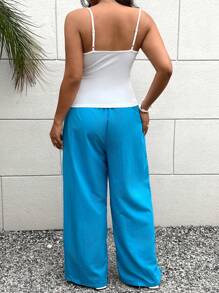 Flirla Plus Size Women's Solid Color Fitted Camisole And Wide Leg Casual Pants Two Pieces Set, Vacation Outfit