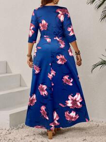 EMERY ROSE Plus Size V-Neck Long Sleeve Dress, Fashion Suitable For Summer - Multicolor - View 2