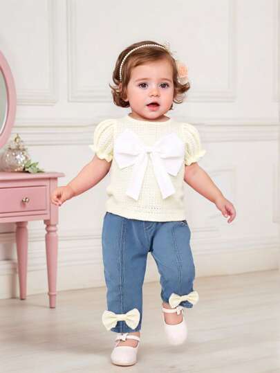 SHEIN 女宝宝韩版可爱撞色大蝴蝶结提花上衣搭配时尚水洗牛仔裤套装，夏季