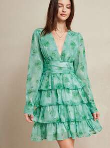 Revavyn Women's V-Neck Sweet Ditsy Floral Layered Chiffon Long Sleeve Ruffled Mini Dress, Vacation Style Elegant Fashionable Style All Over Print Fall Cloth For Women - Green - View 6