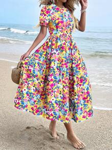 Breezaya 女式花卉印花圆领泡泡袖短款连衣裙超长度假海滩装 - 黃色 - 查看 4