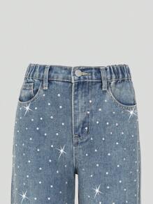 SHEIN ChillGRL Tween Girls' Y2K Style Rhinestone Embellished Jeans, Fashionable Casual Loose Fit Flared Leg Soft Denim Pants