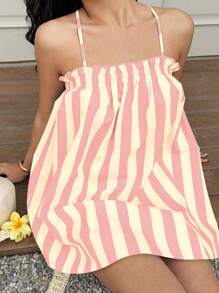 Sunnyshic Colorful Striped Sleeveless Casual Daily Vacation Dress For Women, Spring/Summer - Yellow - View 3