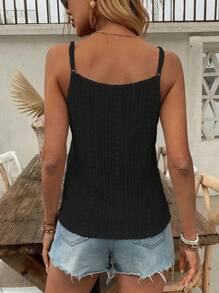 SHEIN LUNE Women's Fashion Hollow-Out Jacquard Textured Boho Style Button Strap Tank Top