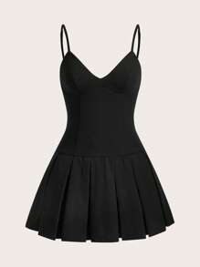 SHEIN Essnce Tenues de festival pour femmes été 2025 : Robe mini à fines bretelles et ourlet plissé noir - Style sirène de bureau, décontracté chic, robe pour rave et concert pour la remise des diplômes, l'aéroport, les tenues d'été bohème chic pour femmes - Noir - Voir 2